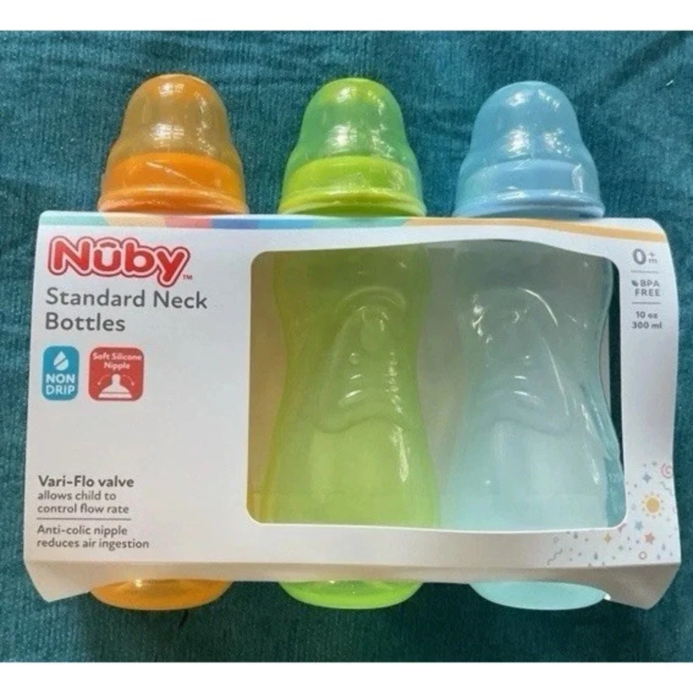Nuby Standard Neck 10oz Non Drip Baby Bottles. 3 In Pack.
